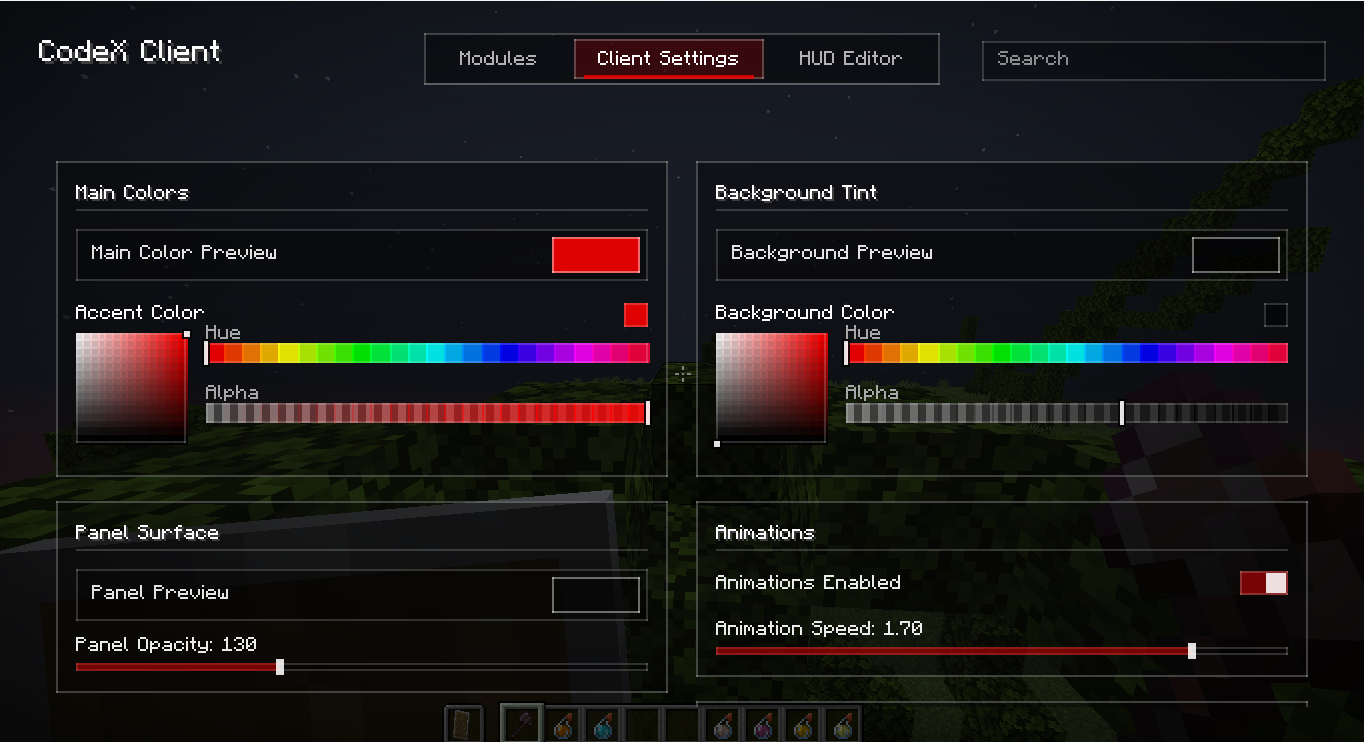 CodeX Client Settings Panel